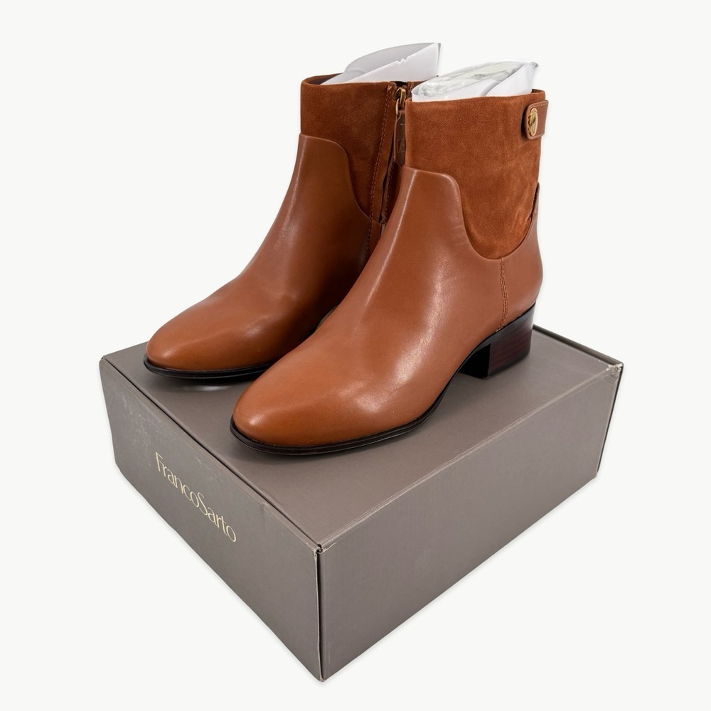 Franco Sarto Jessica Leather Ankle Booties Size 8.5W Cognac Brown Block Heel
